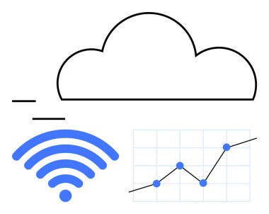 Bulut çizgisi, mavi kablosuz sinyal simgesi ve veri noktalı çizgi grafiği. Teknoloji, IoT, bulut depolama, iş analizleri, veri yönetimi, dijital bağlantı soyut çizgi için ideal