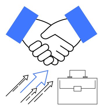 İşbirliğini simgeleyen tokalaşma, ilerlemeyi gösteren büyüme okları ve iş ve profesyonelliği temsil eden bir evrak çantası. Takım çalışması, ortaklık, iş anlaşmaları, ağ oluşturma ve kariyer için ideal