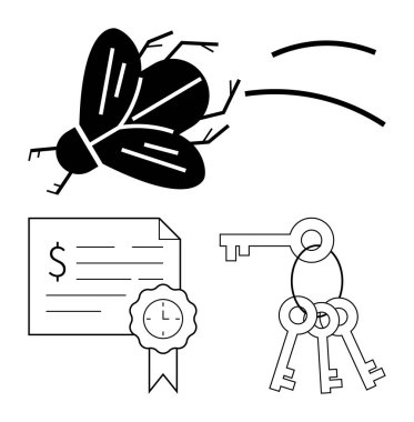 Siyah sinek hareket halinde. Üzerinde mühür ve dolar işareti olan bir sertifika ve üç anahtar. Güvenlik, değer, uçuş, sertifika, başarı, özgürlük mülkiyeti soyut çizgisi kavramları için ideal