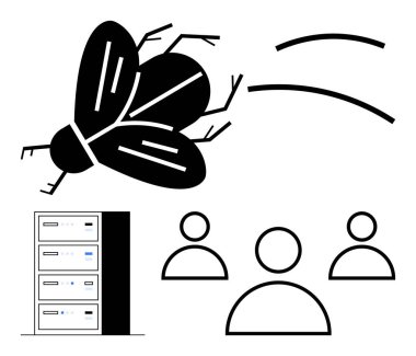Sunucuların yanında büyük bir hata ve insan figürleri sorunları çözmek için takım çalışması öneriyor. Teknoloji yönetimi, problem çözme, hata ayıklama, sistem hataları, bilişim işlemleri, işbirliği, soyut