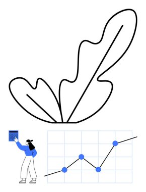 Minimalist yaprak çizgisi sanatı, yukarı doğru eğilimli grafik ve dizüstü bilgisayardaki verileri analiz eden kadın. Ticari büyüme, eko-çözümler, sürdürülebilirlik, analitik, strateji, eğitim soyut çizgisi için ideal