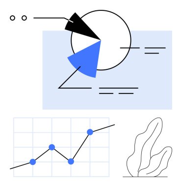 Bölünmüş dilimli pasta grafiği, veri noktalı çizgi grafiği, soyut şekiller ve minimum tasarım. Veri görselleştirme, raporlar, eğilimler, analitikler, bilgi grafikleri iş büyümesi için ideal soyut