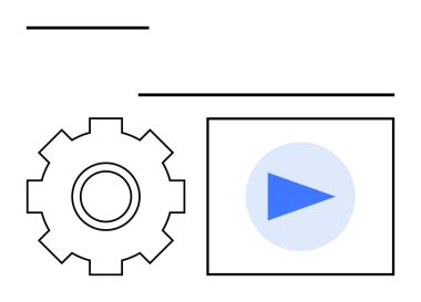 Gear icon and play button within a frame symbolize functionality, settings, and multimedia control. Ideal for technology, media, app interfaces, process automation, digital tools, tutorials abstract clipart