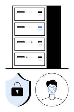 Dört üniteli sunucu rafı, biyometrik yüz tanıma ve kalkan kilit güvenlik simgesi. Siber güvenlik, veri şifreleme, bulut depolama, biyometrik, erişim kontrolü, gizlilik soyut hattı için ideal