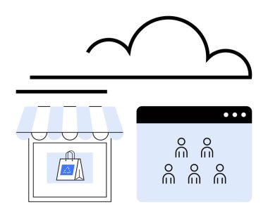 Alışveriş torbası ve kullanıcı simgelerini gösteren tarayıcı penceresiyle üst kattaki mağazada bulut. E-ticaret, ağ oluşturma, bulut hesaplama, çevrimiçi işbirliği, dijital pazarlama, müşteri yönetimi için ideal
