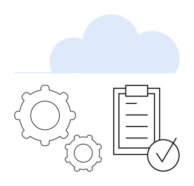 Bulut simgesi, dişliler, kontrol listesi ve iş akışı otomasyonunu, görev yönetimini, işbirliği ve bulut hizmetlerini temsil eden işaretler. Üretkenlik, işletim teknisyeni ve soyut çizgi için ideal