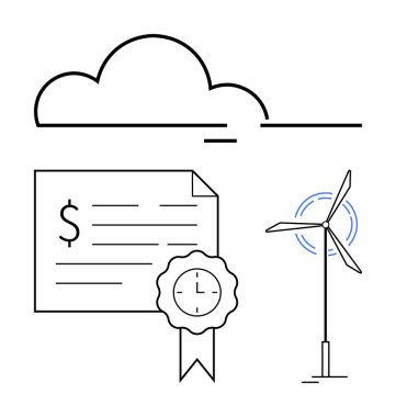 Sertifika belgesinin yanında stilize bulutun altında dairesel zamanlayıcı amblemi olan rüzgar türbini. Yenilenebilir enerji, yeşil yatırım, eko-sertifika, sürdürülebilirlik, temiz teknoloji için ideal