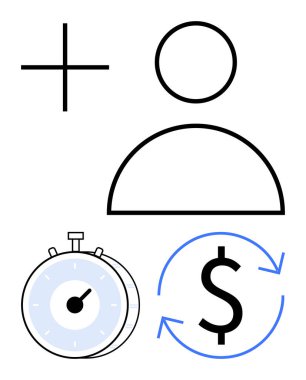 Artı tabela, kullanıcı simgesi, kronometre ve zaman, para ve kullanıcı odaklı kavramlar taşıyan dolar sembolü. Üretim, finans, bütçe izleme yatırımları için ideal kullanıcı eylemleri