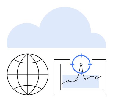 Dünyanın üzerindeki mavi bulut ve hedef odaklı veri grafiği. Bulut hesaplama, küresel veri paylaşımı, teknoloji, analitik, ağlar, bilişim çözümleri, soyut çizgi düz metaforu için ideal