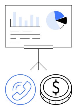 Sunum panosundaki bar grafik ve pasta grafiği, telefon görüşmesi ve dolar simgeleri aşağıda. Finans, iş planlaması, iletişim, analiz, yatırım, ekonomi, soyut düz çizgi metaforu için ideal