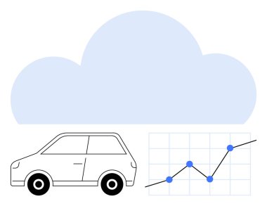 Araba silueti, bulut grafiği ve çizgi grafiği otomotiv bağlantısını, bulut hesaplamasını ve analitiği sembolize ediyor. İOT, yapay zeka yeniliği, akıllı sistemler, teknolojik ilerleme için ideal