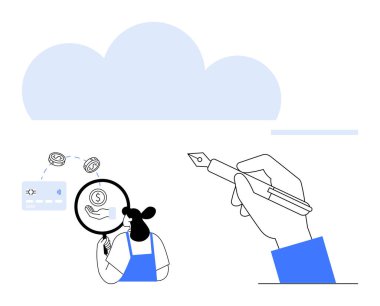 El ele tutuşan kalem, yüzen büyüteç ve para birimi sembolleri kullanan biri. Finansal planlama, analiz, bütçe, yatırım, fintech, araştırma eğitimi için ideal. Minimalist soyut çizgi