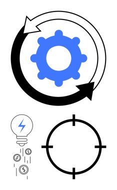 Dairesel okları olan dişliler, bozuk paralar saçan ampuller ve hedefler. Yenilik, strateji, iş planlaması, hedef belirleme, süreç iyileştirme, verimlilik ve üretkenlik temaları için ideal