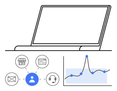 E- posta mağazası kart kulaklığına bağlı laptop kullanıcı simgesi, grafik. Teknoloji, iletişim, veri analizi, müşteri hizmetleri, dijital pazarlama, ağ kurmak için ideal. Satır metaforu