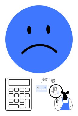 Siyah-beyaz hesap makinesinin üstündeki büyük mavi hüzünlü yüz ifadesi. Elinde büyüteç olan kadın mali belgeleri inceliyor. Finansal stres, bütçe endişeleri, ekonomik kriz ve mali kriz için ideal