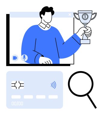 Webinar ekranında, kredi kartında, büyüteçle ödül taşıyan kişi. Çevrimiçi ödüller, dijital başarı, tanınma, e-ticaret, başarılar, teknoloji soyut düz metafor için ideal