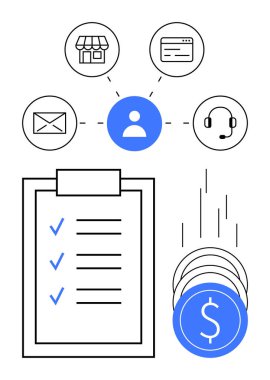 Merkezi bir kullanıcıya bağlı iş simgeleri, mavi işaretli kontrol listesi, mali büyümeyi temsil eden madeni paralar. Proje yönetimi, finans, müşteri hizmetleri, e-ticaret, e-posta, ağ kurmak için ideal