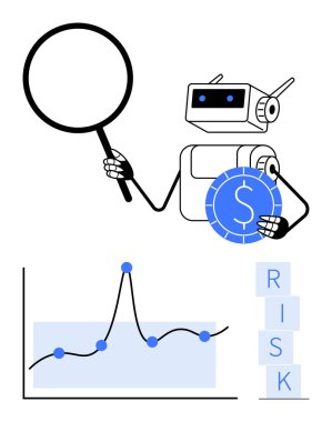 Robot büyüteç tutuyor ve madeni para grafiğini analiz ediyor, birikmiş risk bloklarını inceliyor. Teknoloji, finans, analiz, yapay zeka, veri, otomasyon, yatırım temaları için ideal