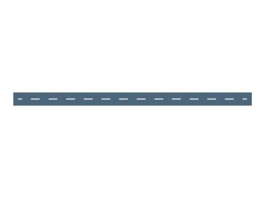 A straight grey road with white dashed centerline markings on a white background. Ideal for traffic design, navigation systems, educational materials, urban planning, and vehicle simulations. Clean clipart