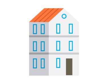 Turuncu çatılı, mavi pencereli, yuvarlak tavan arası pencereli ve kahverengi kapılı minimalist bir bina tasarımı. Mimarlık, gayrimenkul, şehir planlama, inşaat ve