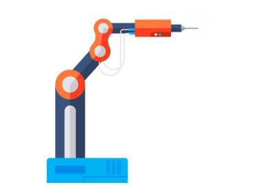 Turuncu ve mavi bir robotik kol, matkap benzeri bir eklenti, mekanik hassasiyet ve otomasyon sergiliyor. Teknoloji, imalat, mühendislik, robotik ve endüstriyel otomasyon için ideal. Basit.
