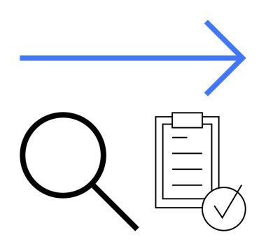 Keşif için büyüteç, görev işaretli kontrol listesi, ilerleme veya yön için mavi ok. Üretkenlik, araştırma, planlama, iş akışı, başarı, soyut değerlendirme çizgisi için ideal