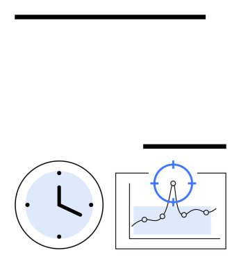 Veri trendlerini ve hedeflerini vurgulayan dairesel odaklı saat ve çizelge. Üretkenlik, planlama, hedef belirleme, veri analizi, proje zaman çizelgeleri, kaynak optimizasyonu, soyut çizgi
