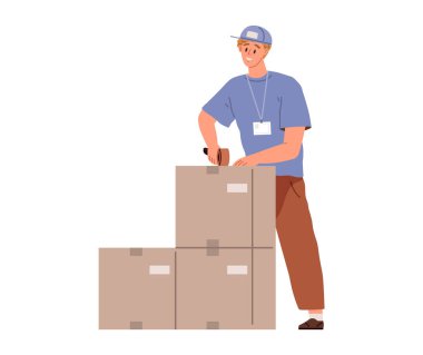 Adam kişisel eşyalarını karton yer değiştirme kutusuna koyar ve kapağı bant ile kapatır. Taşınma hazırlıkları sırasında koli bandı ve paketleriyle gelen adam, sevkiyat için müşteri tarafından sipariş edilen mallar