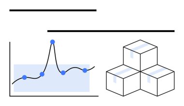 Mavi veri noktalı çizgi grafiği trend analizini gösteriyor. Komşu üç karton kutu lojistiği işaret ediyor. İş analizi, lojistik, büyüme, verimlilik, planlama ve strateji için ideal. Çizgi