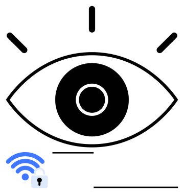 Görme ve farkındalığı vurgulayan bir göz sembolü ve yanında güvenliği temsil eden kablosuz bir kilit. Gizlilik, izleme, siber güvenlik, İnternet güvenliği, izleme, veri şeffaflığı için ideal