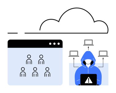 Kapüşonlu bir bilgisayar korsanı bulut depolanmış kullanıcı verilerine erişiyor. Bağlı bilgisayarlar internet açığını vurgular. Siber güvenlik, veri koruması, çevrimiçi riskler, hackleme için ideal