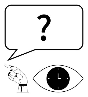 Konuşma baloncuğunun içindeki soru işareti, eli, gözü ve saati göstererek soruşturmayı, yönü ve zamanı sembolize ediyor. İletişim, rehberlik, karar verme, üretkenliği sorgulama için ideal