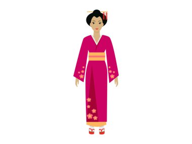 Geleneksel Japon pembe kimonolu, çiçekli ve sarı kemerli bir kadın. Kültürel temsil, moda, gelenek, miras ve festivaller için idealdir. Basit düz tasarım biçimi