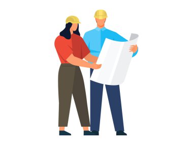 Miğferli iki mühendis büyük bir planı inceliyor. Kadın turuncu gömlek ve yeşil pantolon giyerken erkek mavi gömlek ve koyu pantolon giyer. Takım çalışması ve inşaat projeleri için ideal