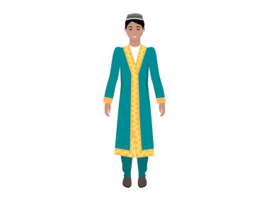 Sarı aksanlı geleneksel Türk kültürü giysileri giyen gülümseyen bir adam düz beyaz arka planda duruyor. Kültür, gelenek, giysi, miras, kutlama için ideal. Modern daire