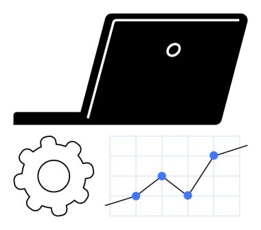 Dizüstü bilgisayar, dişli simgesi ve veri noktalarını bir ızgaraya bağlayan yükselen grafik. İş analitiği, üretkenlik araçları, yenilik, iş akışı, veri işleme için ideal, teknoloji soyut düz metafor