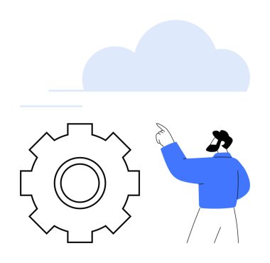 Mavi tişörtlü adam bulutu işaret ediyor, büyük teçhizat teknolojiyi, otomasyonu temsil ediyor. Bulut hizmetleri, dijital dönüşüm, bilişim, bağlantı, yenilik, sistem işlemleri için idealdir.