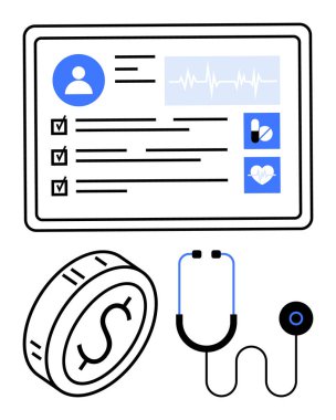 Tıbbi gösterge paneli, steteskop ve sağlık ve finansmanı vurgulayan madeni parası olan dijital hasta profili. Tıbbi kayıtlar için ideal, teletıp, sağlık sigortası, sağlık yatırımı, maliyet