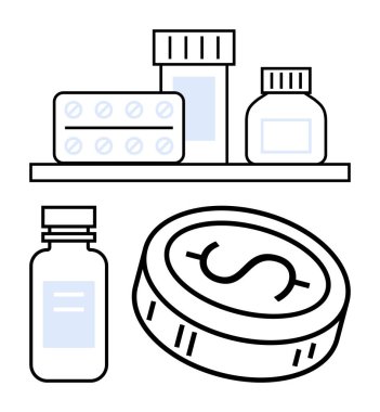 İlaç şişeleri, hap paketleri ve dolar işaretli büyük paralar. Sağlık, eczane, tıbbi masraflar, finans hizmetleri, sigorta ilaç bütçesi için ideal. Satır metaforu