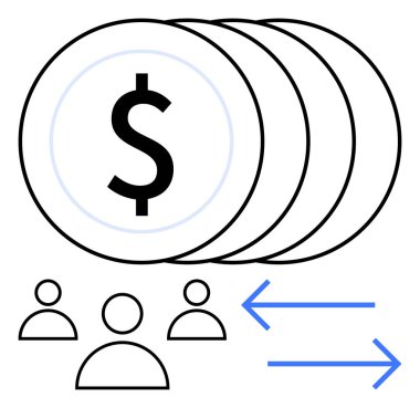 Dolar işaretli bozuk paralar, üç kişi simgesi ve oklar mali işlemleri, takım çalışmasını ve kaynak paylaşımını simgeliyor. Bankacılık, e-ticaret, kitle fonlama, bütçe yatırımları için ideal