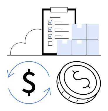 Kontrol listeli pano, istiflenmiş kutular, döviz tabelaları ve dönen oklarla ilgili bozuk paralar. İş stratejisi, lojistik, envanter kontrolü, bütçe planlaması, verimlilik e-ticaret için ideal