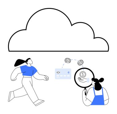 Üstte bulut, koşan insan, parayı analiz eden ve büyüteçle veri toplayan kişi. Bulut depolama, çevrimiçi güvenlik, finans teknolojisi, dijital analiz, veri koruması, siber güvenlik için ideal