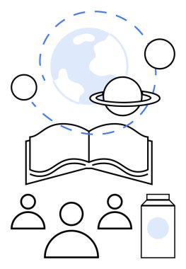 Bilgi, eğitim, işbirliği, keşif, bilim, yaratıcılık ve soyut düz metafor olarak öğrenmeyi temsil eden takım simgeleriyle çevrili gezegen yörüngesi ve küre altında açık bir kitap.