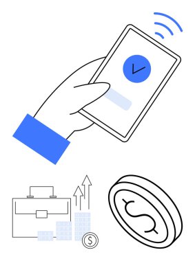 Temassız ödeme için akıllı telefon, mali tabloların olduğu bir çanta ve dolar işareti olan bir bozuk para. Finans, mobil ödeme, dijital cüzdan, bankacılık, yatırımlar ve fintech için ideal