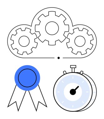 Bulutun içindeki birbirine bağlı vitesler, zaman yönetimi için kronometre ve başarı için kurdele madalyası. Süreç optimizasyonu, başarı, takım çalışması, zaman izleme, teknolojik çözümler, soyut hedefler için ideal