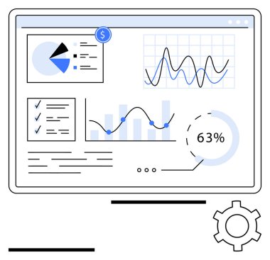 Grafikler, pasta grafiği, bar grafiği, performans ölçümleri, kontrol listesi ve dişli simgesi içeren analitik gösterge paneli. Veri analizi, iş büyümesi, proje yönetimi mali raporları için ideal