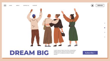 Four friends with arms raised in celebration, embracing each other. Diverse outfits and hairstyles suggest individuality within unity. Ideal for teamwork aspirations motivation personal growth clipart