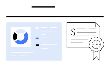Finansal ödül sertifikasının yanında turta grafiği ve verileri olan iş paneli ekranı. İş analizleri, satış performansı, başarı tanıma, finansal başarı için ideal