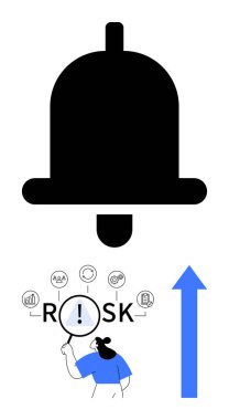 Black alarm bell, analyst examining RISK with a magnifying glass, and interconnected risk icons. Blue upward arrow for progress. Ideal for risk management, growth strategy, alert systems, business clipart