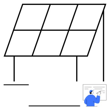 Büyük bir güneş paneli mavi elbiseli bir teknisyenle bir şema üzerinde çalışıyor. Yenilenebilir enerji, güneş teknolojisi, temiz enerji, yeşil çözümler, sürdürülebilirlik, alternatif enerji, soyut